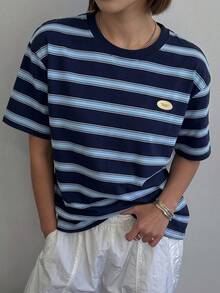 DAZY 女款休閒運動夏季上衣，拼色條紋寬鬆短袖圓領T恤，圖案印花T恤 - 藍色 - 查看 6