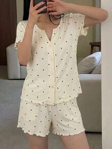 Livesso 2件/套 波點圖案開襟短袖短版睡褲夏季女款睡衣套裝 - 白色 - 查看 3