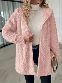 SHEIN Clasi Women's Long Sleeve Zip-Up Hooded Textured Fleece Jacket In Fall/Winter - Dusty Pink - View 7