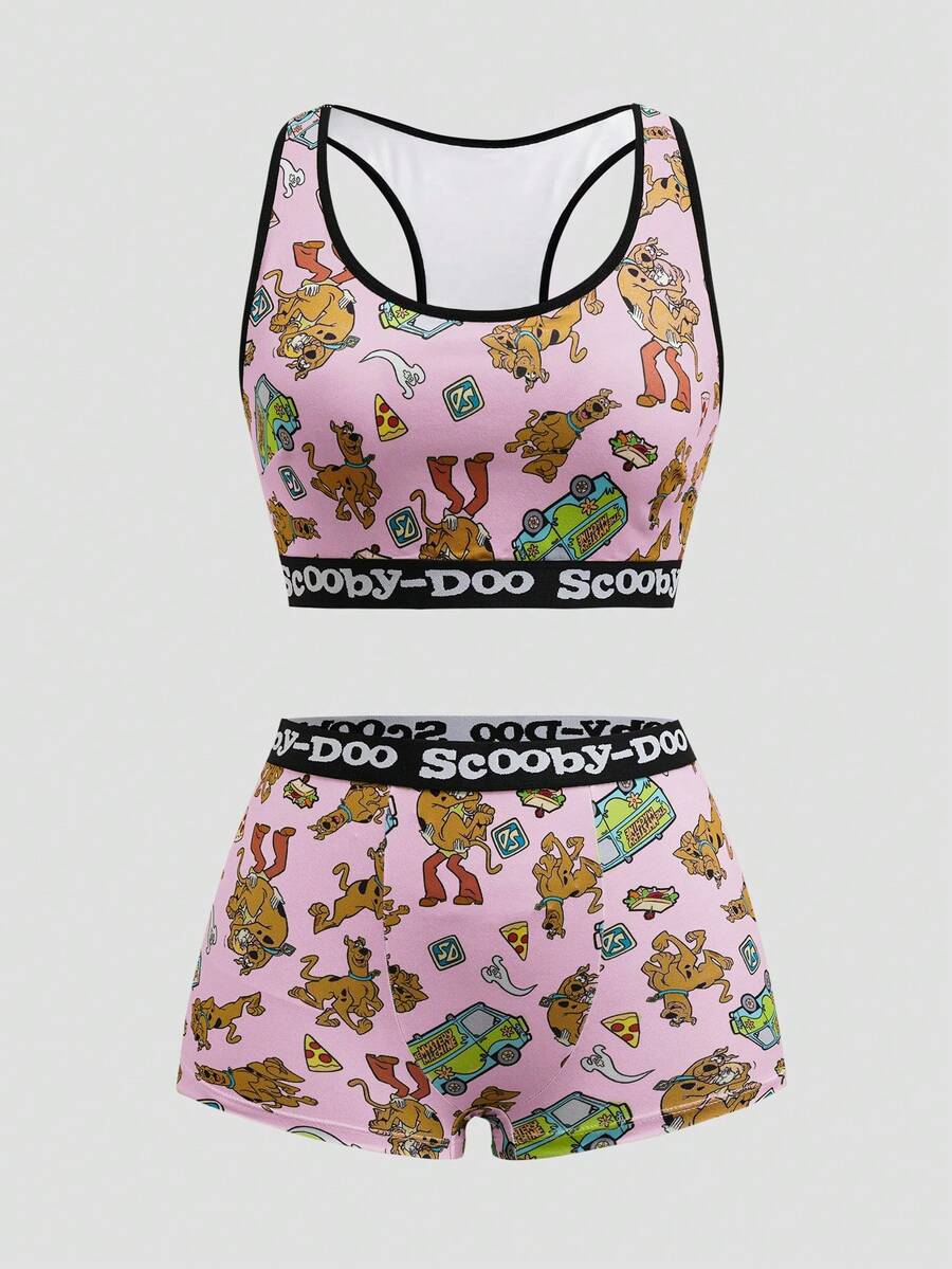 SCOOBY-DOO X SHEIN 女士圆领卡通字母印花文胸和内裤休闲可爱内衣套装 - 粉色 - 查看 1