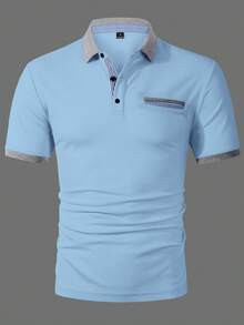 Manfinity Homme Kemeja Polo Lengan Pendek Pria dengan Kerah, Cocok untuk Kantor, Jalan-jalan, dan Acara Kumpul-kumpul - Biru - View 5