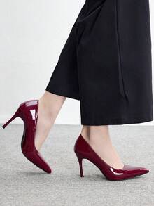 CUCCOO BIZCHIC 尖頭細高跟酒紅色鏡面女鞋 春秋款 簡約基本款 日常通勤 逛街約會 百搭低鞋口 氣質女鞋 - 酒紅色鏡面 - 查看 4