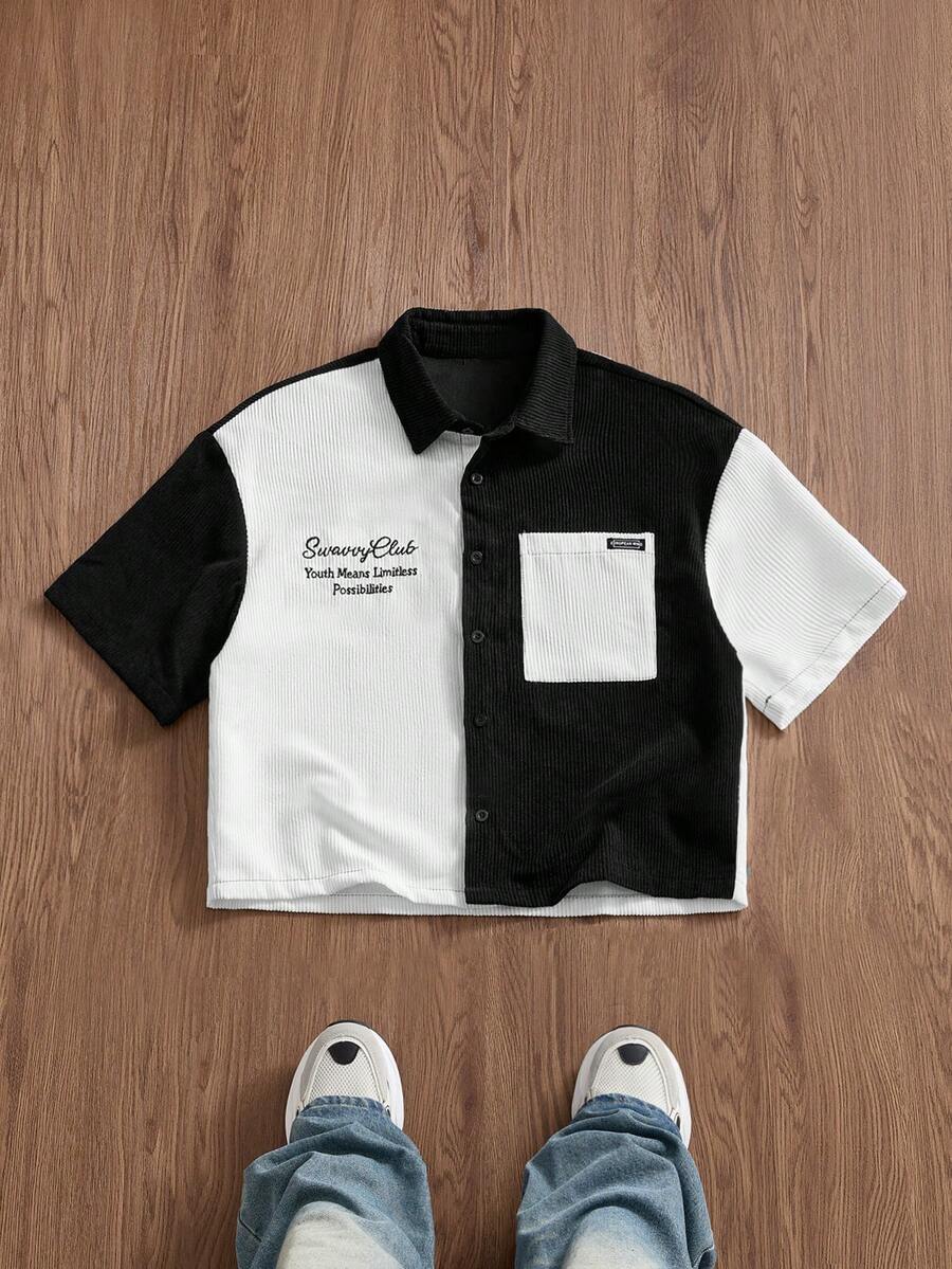 NORVETH Camisa de moda para hombre de primavera/verano con parche de letras, color de contraste, manga corta, abotonadura sencilla y bolsillo - Blanco y Negro - Ver 1
