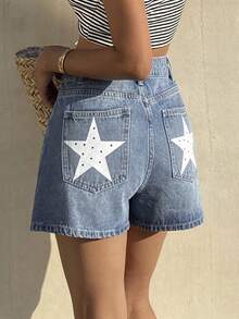 Shorts vaqueros casuales de verano para mujer con estampado de estrellas y lunares - Lavado ligero - Ver 4