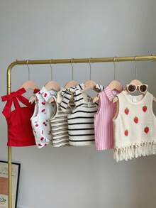 SHEIN [Random 6 Piece, Send 1 Piece]!Surprise Box !!!!Young Girl Solid Color Striped Floral Ruched Casual Tank Top - Black and White - View 11