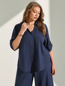 Chikora Plus Size Summer Blue Open Front Two Pieces Set, Blue Two Pieces Set, Office Wear, Suitable For Multiple Occasions, Textured Fabric - Blue - View 5