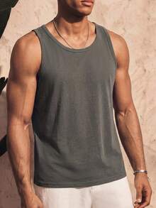 Ocevento Men's Solid Color Crew Neck Casual Versatile Tank Top - White - View 3