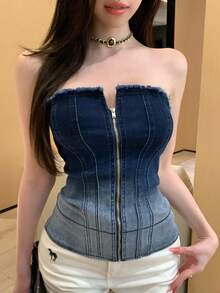 Joudiya 春夏紮染漸層性感音樂節抹胸式背心開襟外套收腰設計婚禮宴會舞會晚禮服時尚派對修身優雅通勤女款牛仔上衣 - 中等水洗藍 - 查看 4