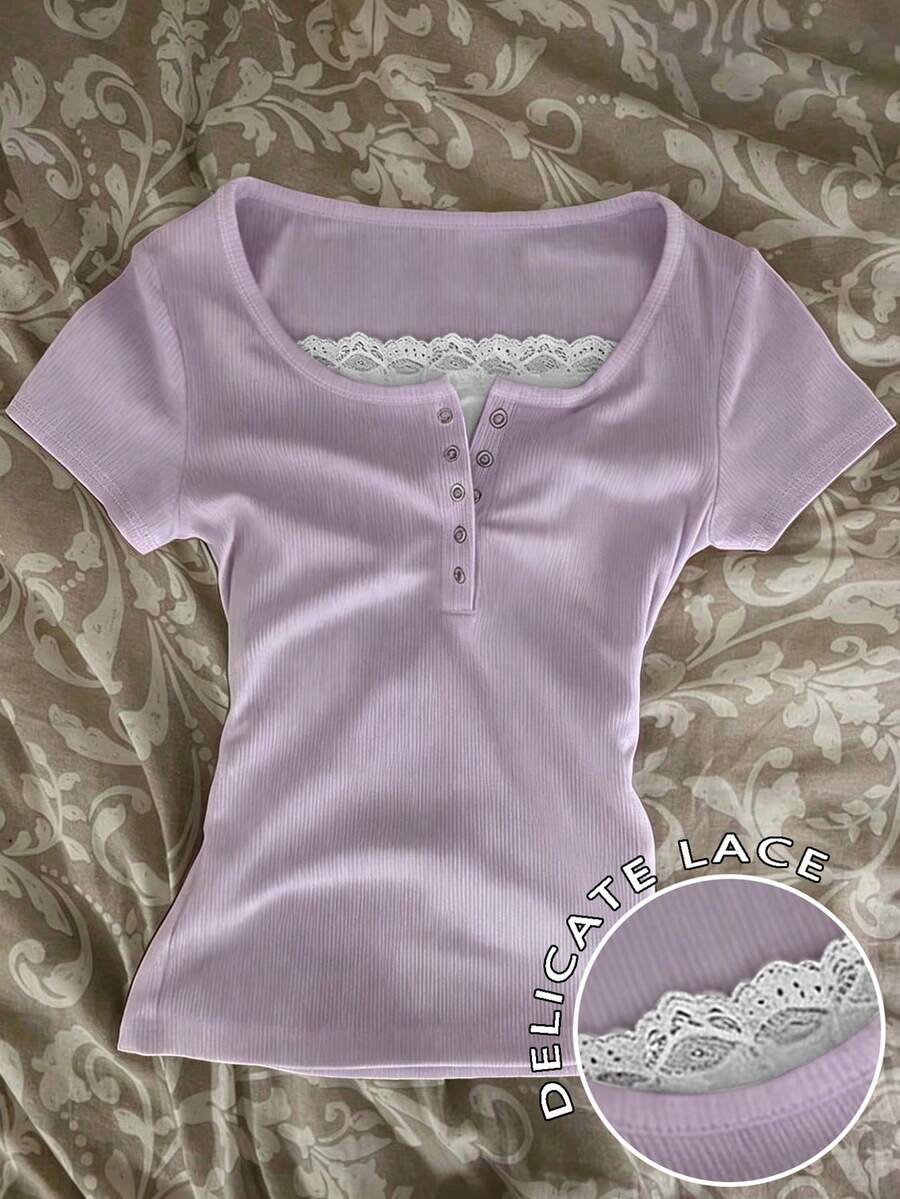 IslaSuriya Women's Short Sleeve T-Shirt With 2 In 1 Floral Lace Design - Multicolor - View 1