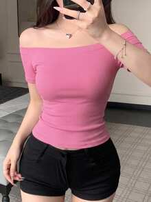 DAZY 女款夏季圓領半開襟性感修身都市休閒打底短袖T恤 - 粉色 - 查看 4