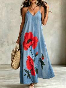 EMERY ROSE Vestido de tirantes finos con cuello en V con estampado floral de rosas para mujer talla grande, suelto y cómodo - Azul - Ver 1