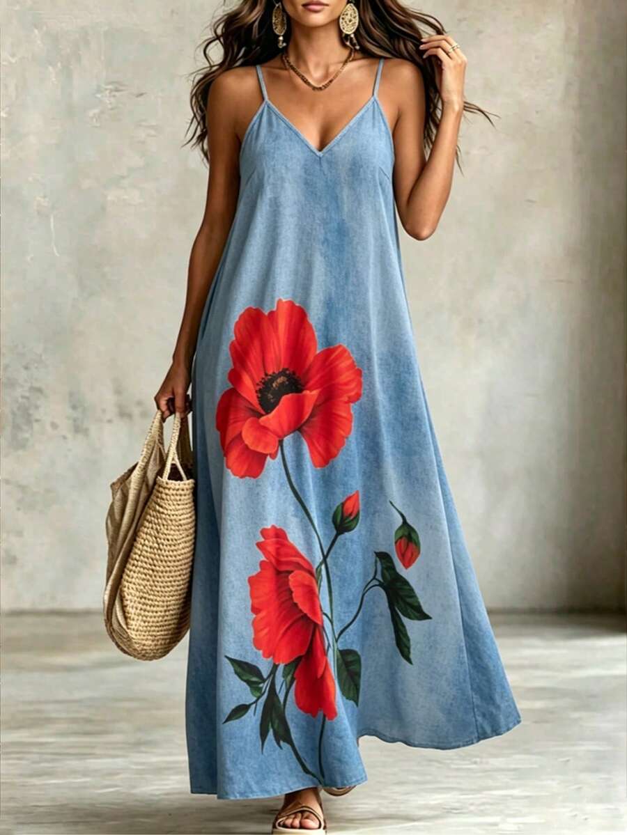 EMERY ROSE Vestido de tirantes finos con cuello en V con estampado floral de rosas para mujer talla grande, suelto y cómodo - Azul - Ver 1