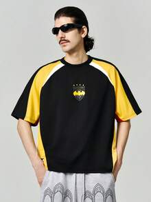 BATMAN X SHEIN STYNVO 男士黑色夏季休閒街頭風健身T恤，布料拼接圓領短袖上衣，精緻Logo印花，極簡商務時尚，度假風 - 彩色 - 查看 3