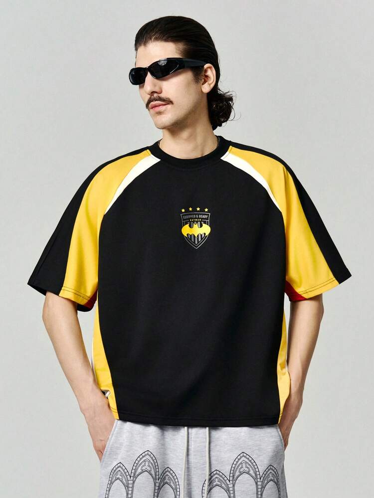 BATMAN X SHEIN STYNVO 男士黑色夏季休閒街頭風健身T恤，布料拼接圓領短袖上衣，精緻Logo印花，極簡商務時尚，度假風 - 彩色 - 查看 3