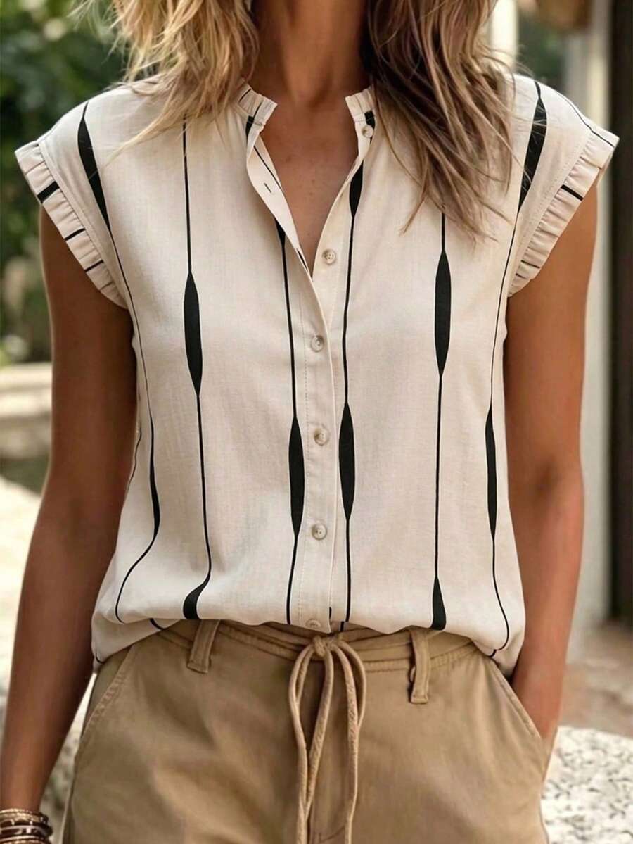 SHEIN 女士复古法式荷叶边领无袖纽扣衬衫,通勤、下午茶、日常穿着皆宜,宽松休闲。 - 彩色 - 查看 1