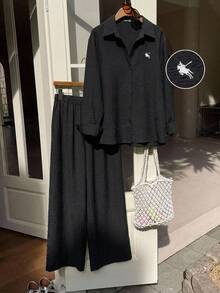 SHEIN EZwear 大码女式骑士印花单排扣长袖上衣和阔腿裤休闲两件套 - 黑色 - 查看 1