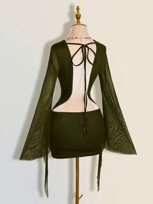 SHEIN ICON Sexy Oversized Cowl Neck Mesh Patchwork Backless Mini Dress - Army Green - View 8