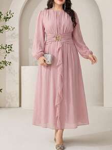 Solavon Vestido elegante de mujer talla grande con cuello redondo, mangas farol, patchwork y volantes - Rosa vieja - Ver 7