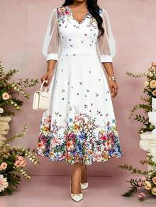 SHEIN Lady 大码女士优雅印花V领连衣裙 - 彩色 - 查看 2