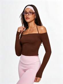 Eassivo Eassivo 女款時尚性感設計露肩掛脖綁帶修身運動T恤瑜珈上衣 - 咖啡棕 - 查看 4