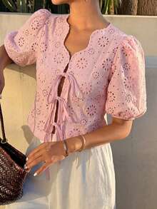 DAZY Textured Embroidered Jacquard Fabric Short Tie Bow Princess Sleeve Elegant Boho Vacation Summer Blouse Women's Shirt Brunch Pink Floral - Pink - View 1