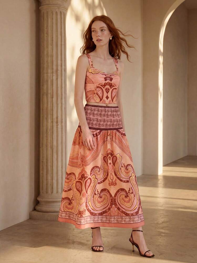 WOMEN'S PAISLEY PRINT HIGH WAIST SKIRT