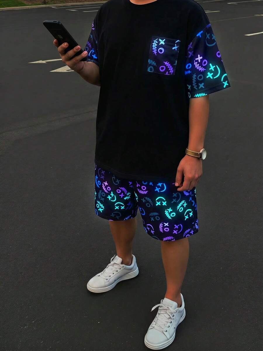 SHEIN 2件組青少年女孩休閒夜視螢光卡通圖案圓領短袖短褲套裝,適合春夏季日常穿著、運動、外出、學校、派對、假期、拍照等 - 彩色 - 查看 1