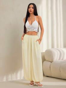 SHEIN PETITE Quần dài nữ màu trơn phong cách thường ngày đa năng xếp ly có túi dây buộc ống đèn bo gấu - Màu be - Xem 6