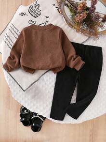 SHEIN Infant/Toddler (Girl) Chocolate Brown Black Ribbed Long Sleeve Cardigan Jacket With Large Flower Decoration, Solid Color Long Pants 2-Piece Set Spring - Brown - View 2