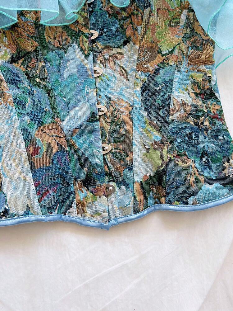 Soleia Vintage Oil Painting Sheer Tube Boned Bustier Top - Dusty Blue - View 4