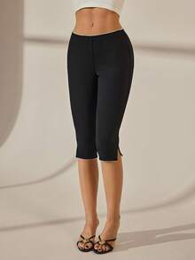SHEIN Tall 女士经典款 91% 棉黑色针织弹力七分裤打底裤 - 百搭运动时尚夏季海滩度假装，适合春假、波西米亚音乐节和优雅夏季穿着 - 黑色 - 查看 3