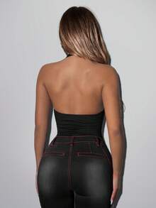SHEIN ICON 女款棕色蕾絲掛脖露背修身連身衣 - 黑色 - 查看 2