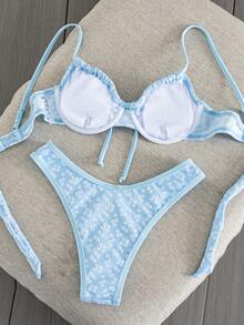 Swim Mod New Lemon Yellow Textured Bikini, Bow Knot Front, Underwire Support & High Leg Beach Swimwear - Blue - View 5