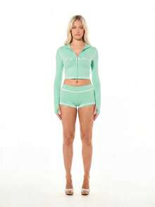 BABYPHAT Setelan Dua Potong Hoodie Crop Berlogo dengan Resleting dan Celana Pendek untuk Musim Panas dan Festival Kasual. - Mint Green - View 3
