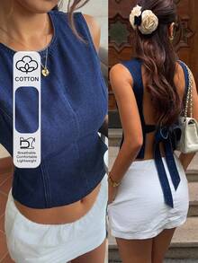 Livesso Summer Backless Lace-Up Tie Waist Vest Top, Spicy  Casual Everyday Banquet Ball Gown Evening Slim Fit Elegant Commuter Women's Denim Top Dark Blue - Dark Wash - View 1