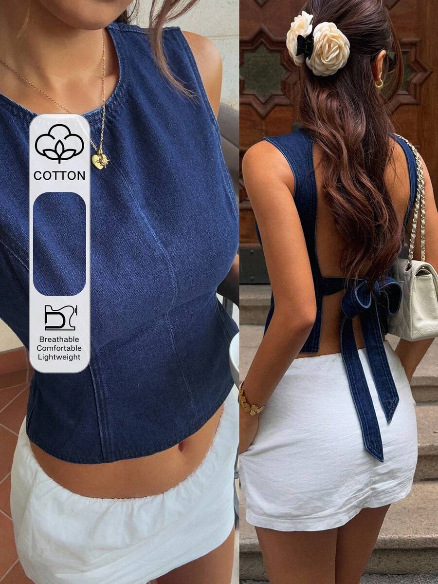 Livesso Summer Backless Lace-Up Tie Waist Vest Top, Spicy  Casual Everyday Banquet Ball Gown Evening Slim Fit Elegant Commuter Women's Denim Top Dark Blue - Dark Wash - View 1