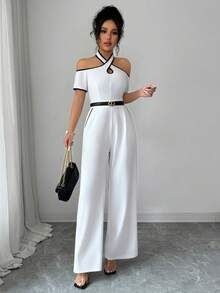 Balvessa Women's Summer Versatile Contrast Color Trim Open Shoulder Jumpsuit - White - View 7