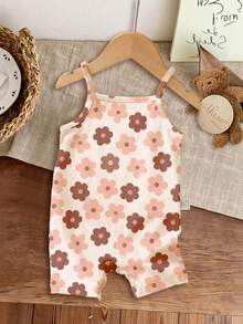 SHEIN LMoss Kids 女嬰休閒無袖連身褲，花卉與深棕色調，可愛復古風條紋花卉印花，完美設計 - 彩色 - 查看 3