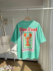 Comfortcana Oversize T-Shirts Casual Minimalist Shrimp Pattern Crew Neck Short Sleeve Ultra Loose Plus Size T-Shirt, Beach Holiday Vacation Mint Green Summer - Green - View 9