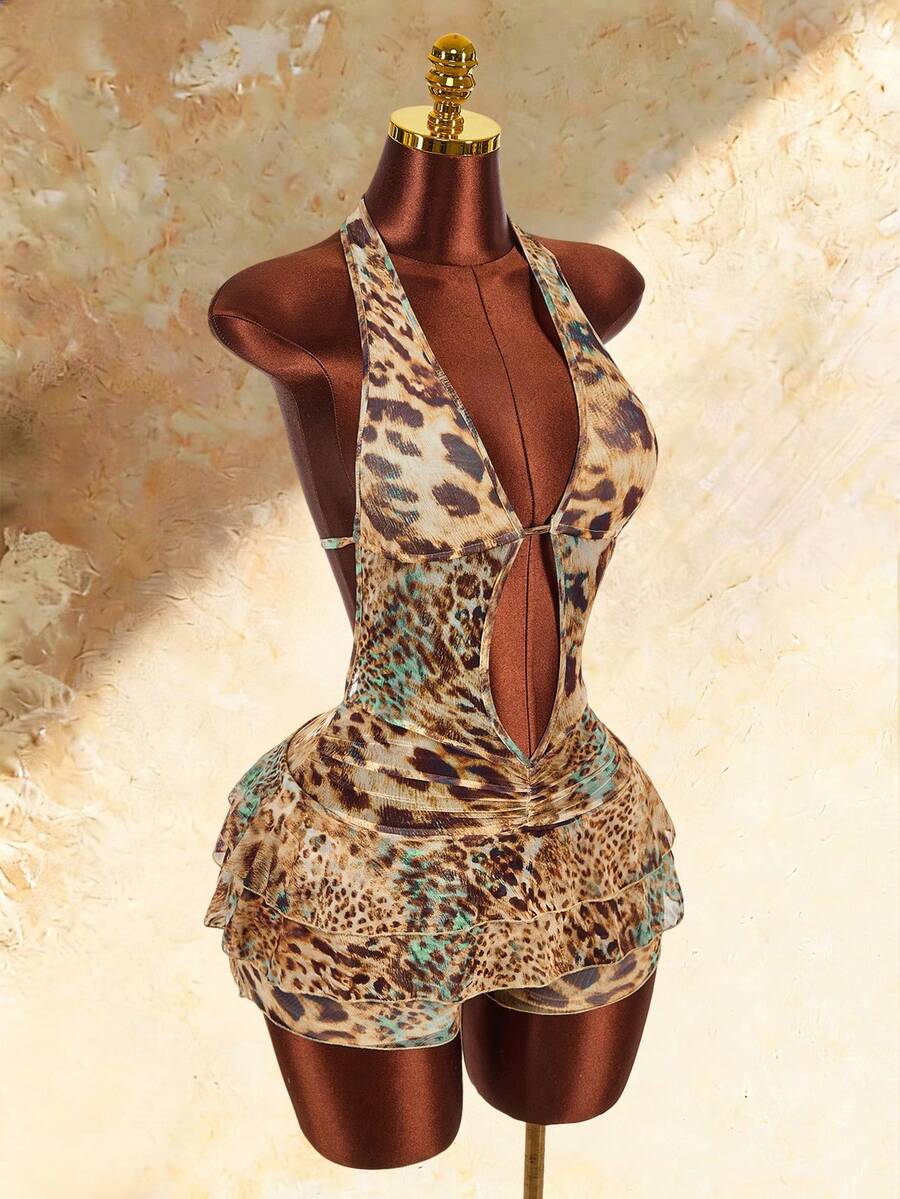 Amplova Women's Halter Neck Sleeveless Cutout Leopard Print Bodycon Jumpsuit Club Night Rainbow Leopard Summer - Multicolor - View 1