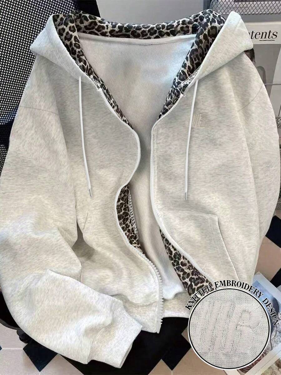 Resyla Plus Size Women's Leopard Print Lining Zipper Placket Drawstring Double Layer Hooded Sweatshirt Fall Winter - Grey - View 1