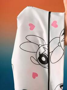 THE POWERPUFF GIRLS X SHEIN Conjunto de pijama casual cómodo de camiseta de tirantes y pantalones con estampado de corazón de dibujos animados en tela de satén blanco para mujer - Blanco - Ver 7