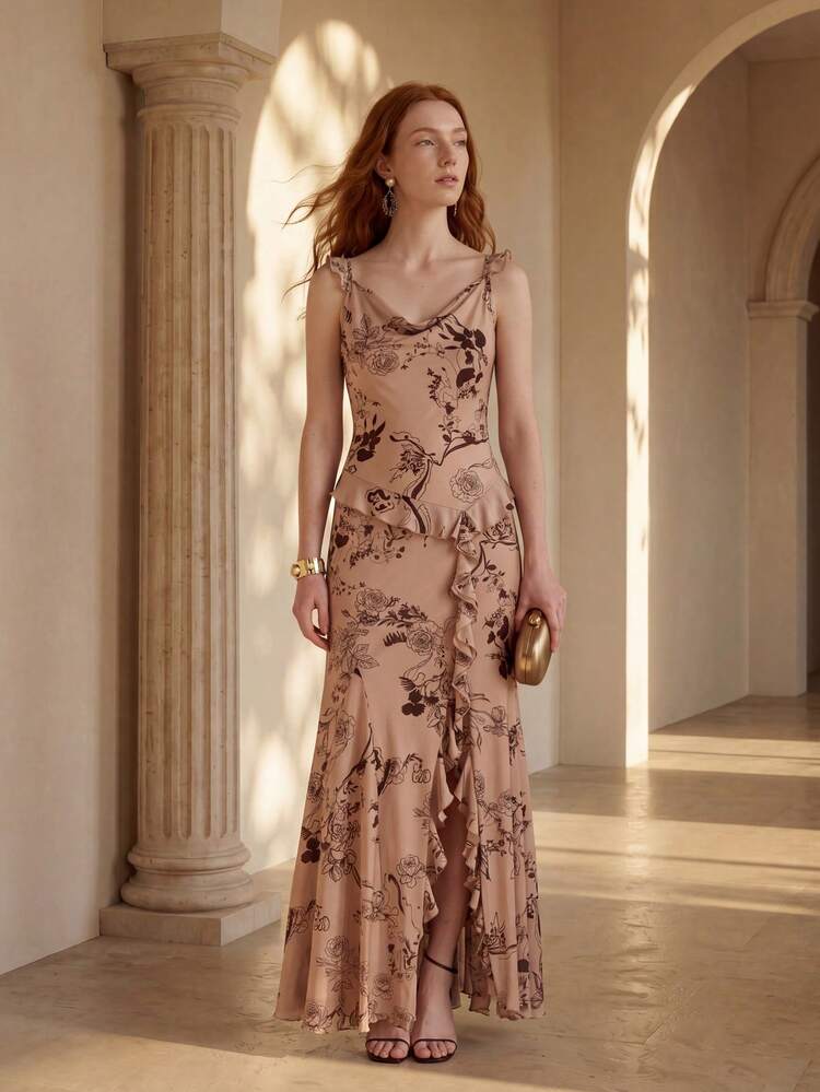 KHAKI DIGITAL PRINT ELEGANT RUFFLE TRIM DRESS FOR WOMEN