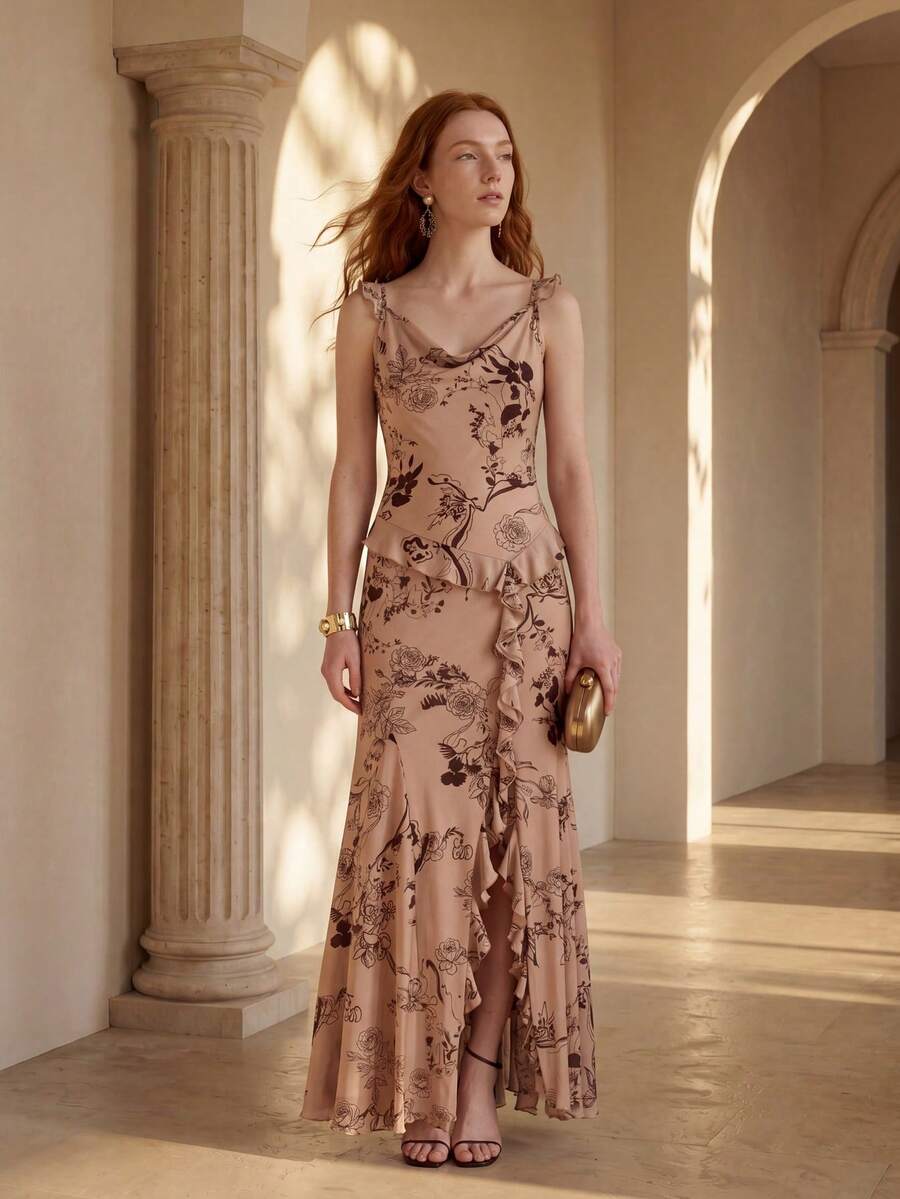 MOTF PREMIUM Vestido elegante con volantes y estampado digital caqui para mujeres - Caqui - Ver 2