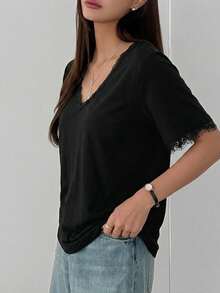 DAZY Women's Summer Round Neck Short Sleeve Lace Patchwork Casual Pullover T-Shirt - Black - View 3