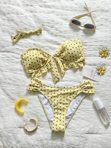 Swim Vcay Spring/Summer Solid Color Shoulder Strap Jacquard Fabric Non-Wired Bow Decor Cute Beach Vacation Swimsuit Set - Yellow - View 2