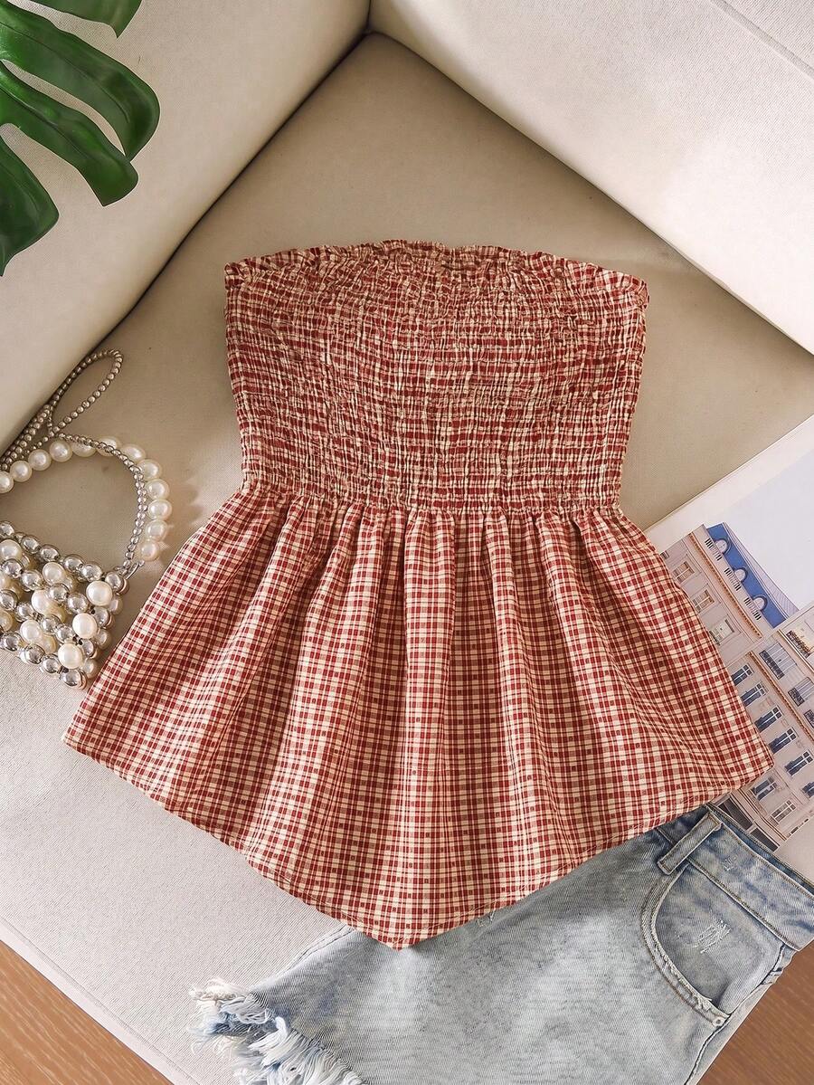 CosyJoli Plus Size Women's Vacation Plaid Shirred Bandeau Top