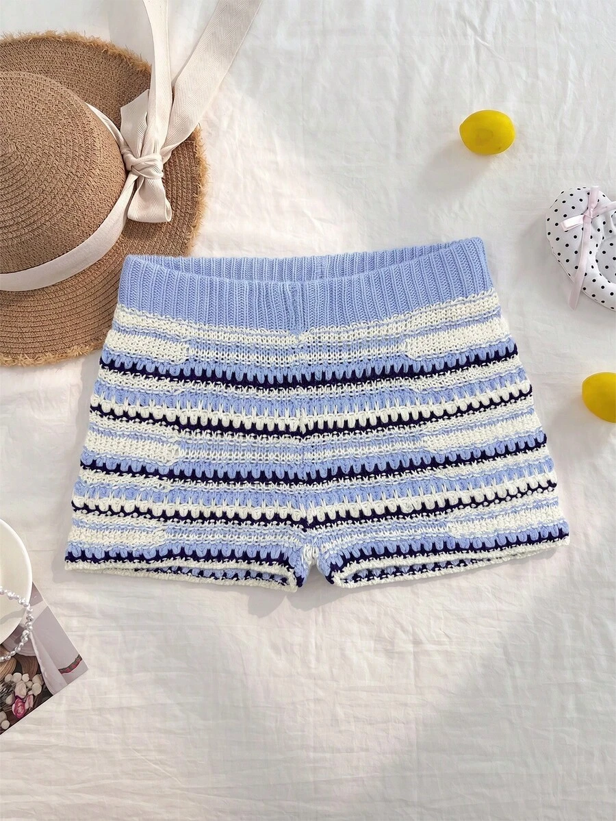 Elamini Women's Versatile Gradient Blue And White Stripe Mini Knit Cute Tropical Vacation Sweater Pants Beach Vacation Summer - Blue - View 1
