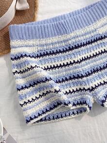 Elamini Women's Versatile Gradient Blue And White Stripe Mini Knit Cute Tropical Vacation Sweater Pants Beach Vacation Summer - Blue - View 4