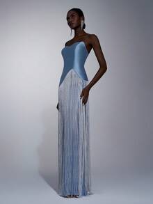 Elitara Elegant, , Fashionable Blue Satin & Mesh Patchwork Tassel Decor Fishtail Hem Dress, Suitable For Party, Wedding Guest, Formal Evening Gown - Blue - View 6
